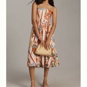 🍅Anthropologie Maeve *PETITE Strapless A-Line Belted Midi Dress XL NWT